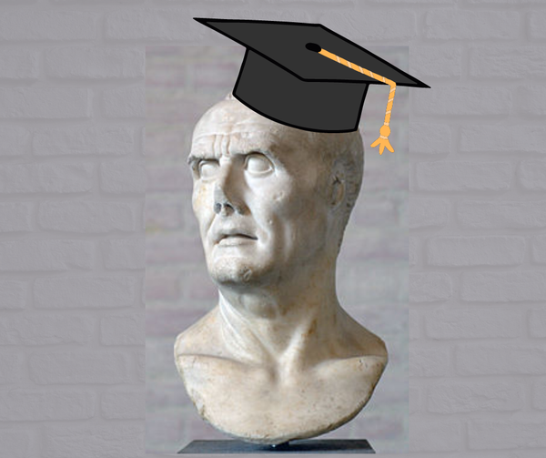 A bust of Gaius Marius wearing a graduation cap