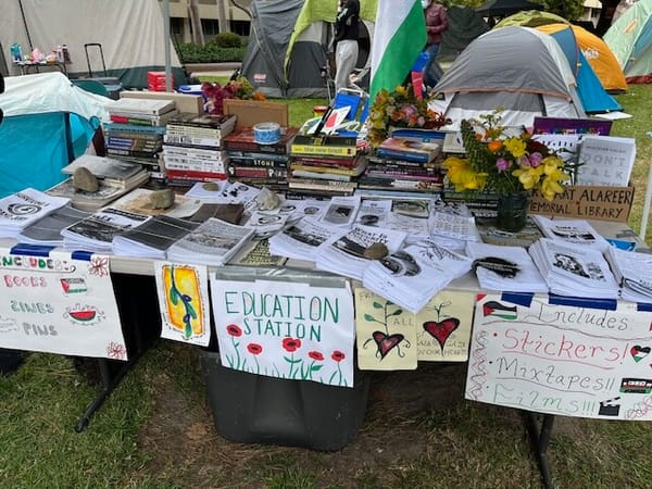 UCSB "liberation library" in a "Liberated Zone" encampment for Palestine