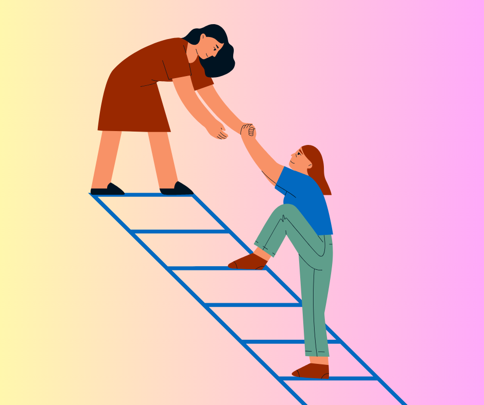 One woman helping another woman to climb a ladder