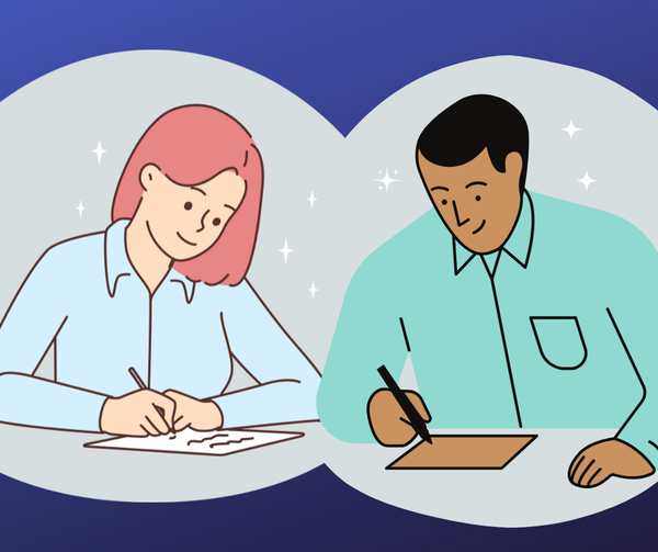 a cartoon of a woman and man sitting together at a table, each writing on a piece of paper