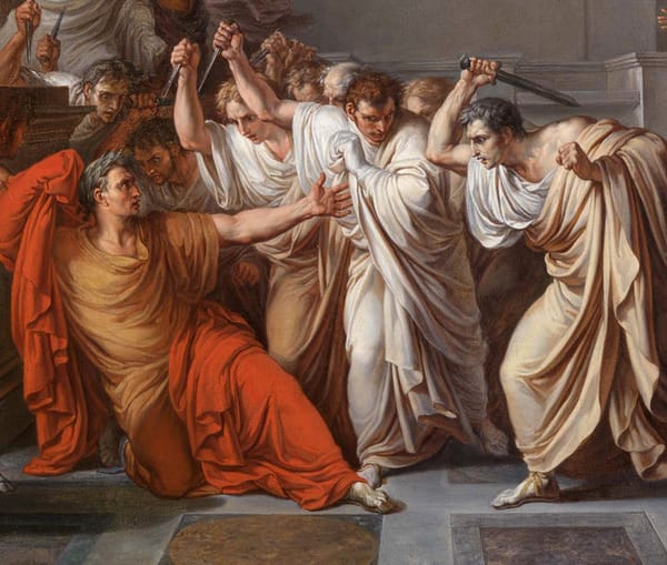 a closeup of a painting depicting a group of senators in white togas attacking caesar in a red toga with daggers on a marble mosaic floor